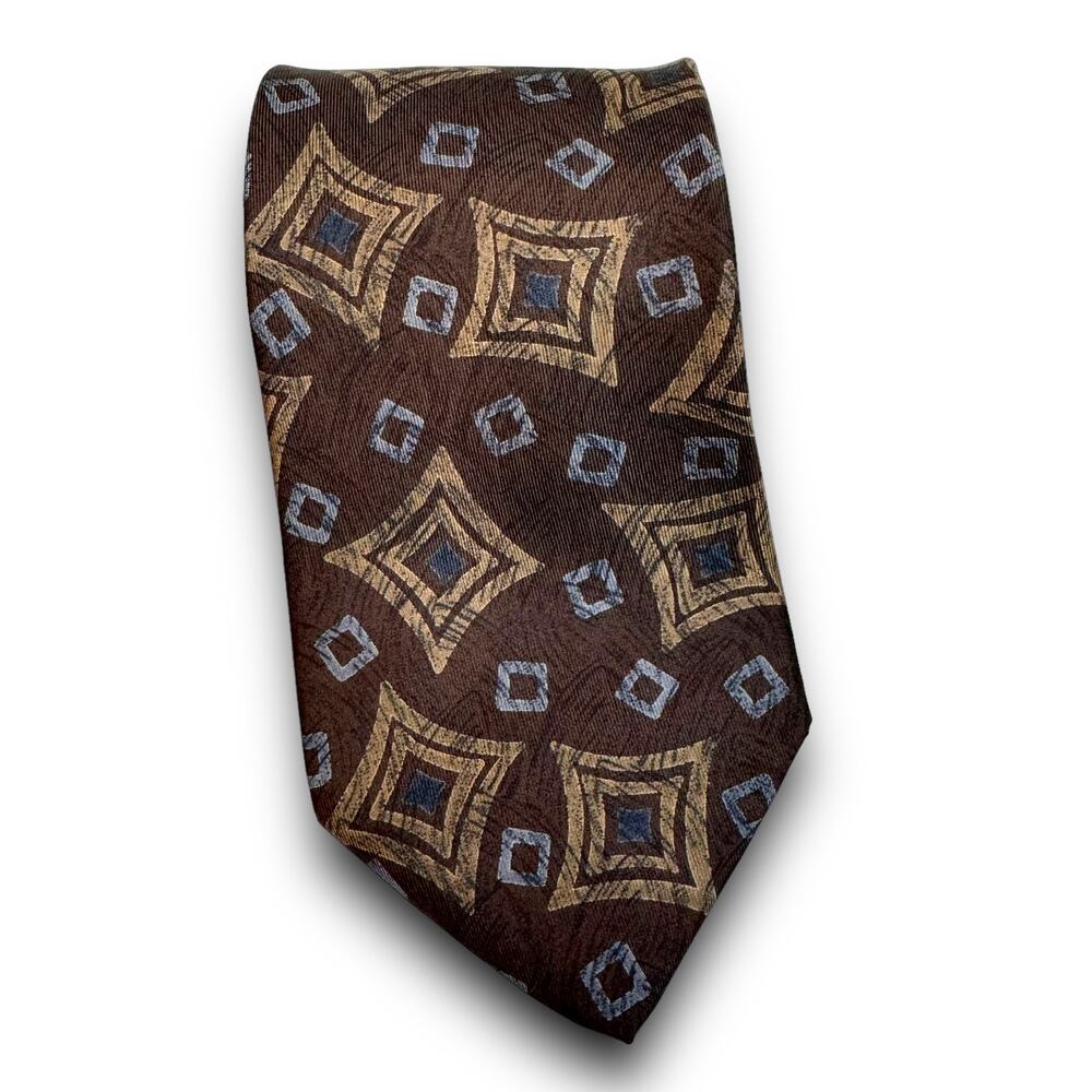 Fratelli 100% Silk Tie Mid Century Modern MCM Print Brown Blue Made in Italy